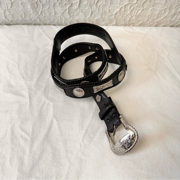 Larry Mahan Black Western Belt Sz 44 Leather Removable Silver Buckle Vintage